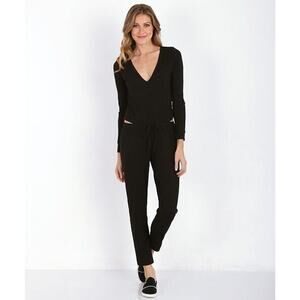 LNA Women's‎ Black Ribbed V Neck Long Sleeve Side Cut Outs Jumpsuit Size XS